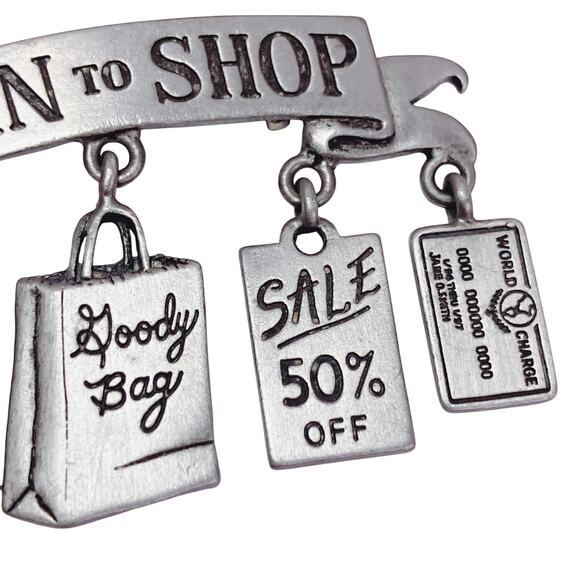 Vintage JJ Signed Pewter Born To Shop Brooch Whimsical & Funny Giftable Jewelry - Picture 5 of 10